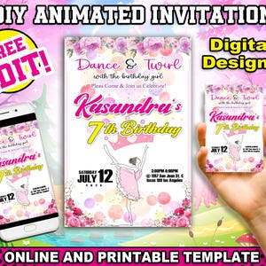 royal Party invitation, Pink Birthday card, toddler 1st birthday flyer, kids Princess celebration, editable cards for birthday, ballerina