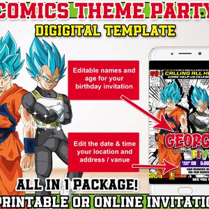 Puede incluir: Una plantilla de invitaci&oacute;n digital imprimible para una fiesta con tem&aacute;tica de c&oacute;mics. La plantilla presenta un personaje de c&oacute;mic azul y naranja con el texto "Calling All Hero Come Help Us Celebrate!" y "George is turning Five".