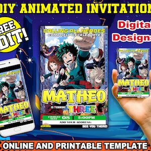 My Hero Theme Geburtstagseinladung, druckbare Party Einladung, Manga-Thema Party, DIY Geburtstagseinladung, Junge druckbare Einladung, Deku