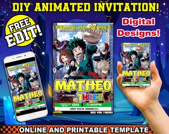 My Hero theme Birthday Invitation, Printable Party invitation, Manga theme Party, DIY Birthday invitation, Boy Printable Invitation, Deku