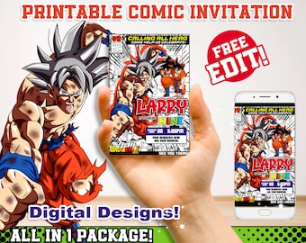 DBZ Best Seller, manga theme Printable anime birthday invitation, birthday invitation, Digital party printables, manga design, ssj design