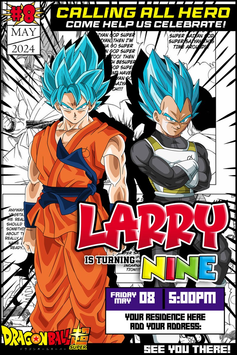 Puede incluir: Una invitaci&oacute;n de cumplea&ntilde;os con tem&aacute;tica de Dragon Ball Z para una fiesta que celebra el noveno cumplea&ntilde;os de Larry. La invitaci&oacute;n presenta un fondo azul y naranja con im&aacute;genes de Goku y Vegeta en sus formas de Super Saiyan. El texto "Larry cumple nueve a&ntilde;os" est&aacute; en letras rojas grandes. La fecha y la hora de la fiesta se indican como "Viernes 08 de mayo 17:00".