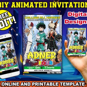 My Hero Thema Geburtstagseinladung, druckbare Party Einladung, Anime Thema Party, DIY Geburtstagseinladung, Junge druckbare Einladung, Deku
