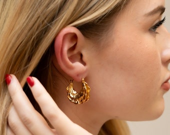 Textured Gold Hoop Earrings, Chunky Gold Hoop Earrings, Unique Hand Made Womens Earrings, Elegant Gold Hoop Earrings, Unique Womens Earrings