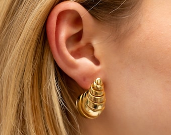 Chunky Gold Spiral Botegga Earrings, Unique Dome Earrings, 18k Gold Teardrop Earrings, Unique Fashion Statement Earrings