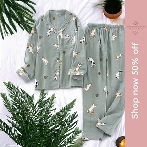 Cute Pink Cat Pyjama Set | Green Cat Pajamas for Women | Womens Cotton PJs | Sleepwear for Women | Pure Cotton Loungewear | Gifts for Her