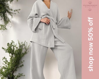 Luxuriöses Kimono-Pyjama-Set aus Baumwolle | Pyjama aus Musselin-Bademantel und -Hose | Nachtkleidung | Nachtwäsche oben und unten | Nachthemd-Loungewear-Set