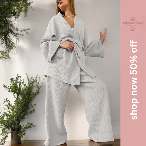 Luxury Kimono Cotton Pyjama Set | Muslin Robe and Trouser Pajamas | Nighttime Clothing | Top and Bottom Sleepwear | Nightgown Loungewear Set
