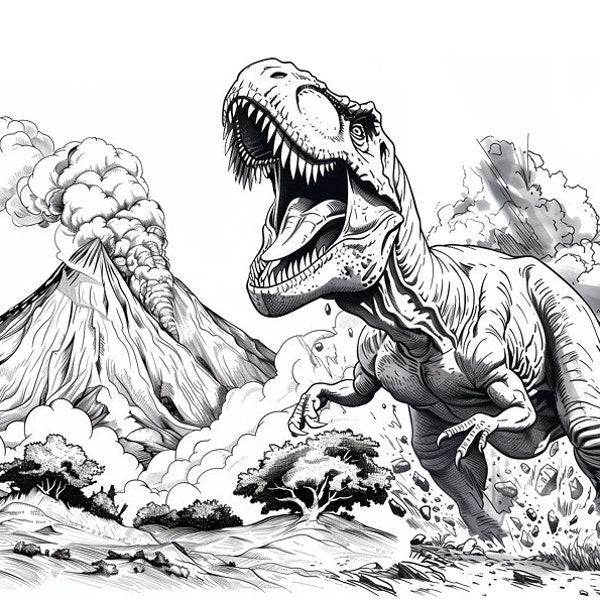 1 Motif T-Rex Tyrannosaurus Volcano Jurassic Dinosaur Coloring Drawing Graphic Comic Cartoon
