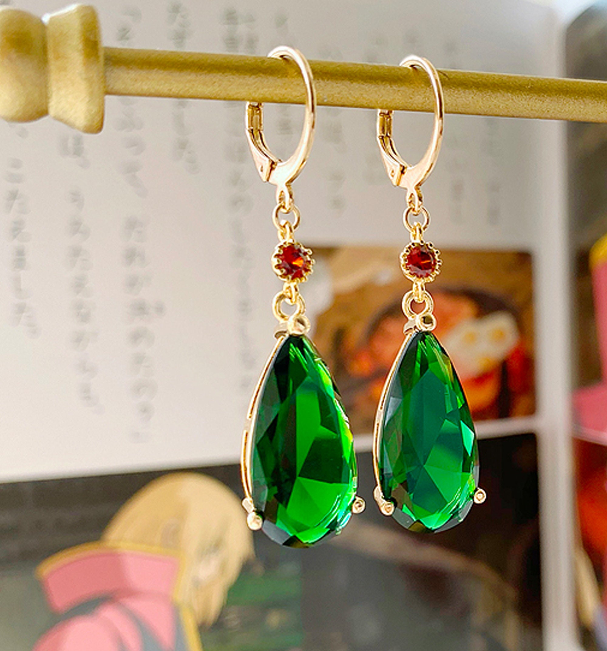 vintage style gift for her. teardrops earrings green earrings handmade gift idea Emerald green gold framed