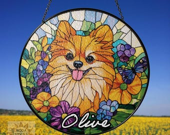 Pomeranian Dog Customized Name Dog Memorial Suncatcher, Dog Memorial Ornament, Dog Loss Ornament, Pomeranian Dog Memorial Gift