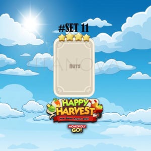 Op de afbeelding: Een digitale spelkaart-sjabloon met de tekst #SET 11 en NUTS, voorzien van vier gouden sterren boven een rechthoekig kader. Daaronder staat een logo met HAPPY HARVEST New Album August 2026 en MONOPOLY GO! tegen een helderblauwe lucht met wolken.