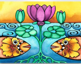 Colorful Lotus Fish Flowers Whimsical Pond Tropical Fine Art Giclée Print