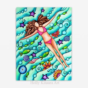 Ocean Swimming Floating Sea Painting Art Print Artwork Beach Decor Wall Hanging Colorful Tropical Aqua Starfish Shells Float