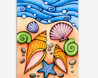 Beach Shells Seashell Ocean Decor Artwork Painting Print Painted Sea Shell, Beach Decor, Shell Art, Shells Print, Beach seashells, Seashore