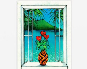 White Window Hawaiian Art Print Sea Beach Ocean Colorful Hawaii Painting Wall Art Sunrise Sunset Tropical Red Anthurium Flower Flowers