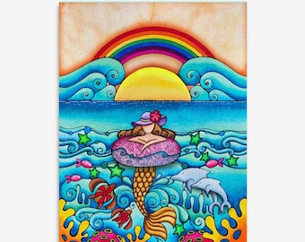 Mermaid Painting Art Print Artwork Beach Decor Underwater Ocean Wall Hanging Colorful Tropical Dolphin Fish Rainbow Tropical Hawaii Hawaiian