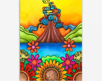 Volcano Sunflower Hawaiian Art Print Sea Beach Ocean Colorful Hawaii Painting Wall Art Sunrise Sunset Tropical Artist