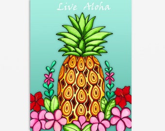Pineapple Hawaiian Hawaii Plumeria Flowers Live Aloha Art Artwork Painting Print Watercolor