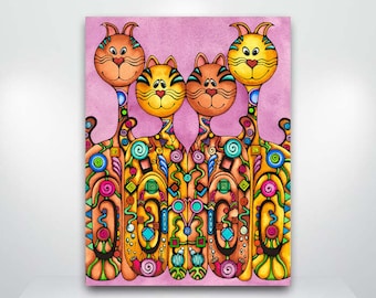 Clorful Cats illustration giclee art print kitty whimsical tropical colorful painting