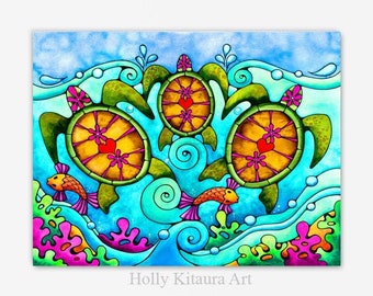 Sea Turtle Honu Beach Art - Plumeria Hawaii Hawaiian Sea Shore Aqua Blue Turtles Ocean Boho  Tropical Summer Print Painting