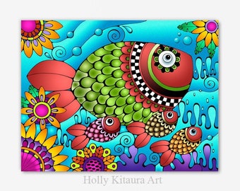 Colorful Whimsical Fish Print Painting Hawaii Hawaiian Tropical Ocean Flowers Whimsical Sea Art Artist