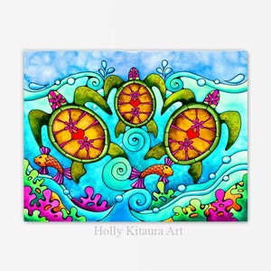 Sea Turtle Honu Beach Art - Plumeria Hawaii Hawaiian Sea Shore Aqua Blue Turtles Ocean Boho  Tropical Summer Print Painting