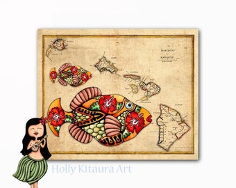 Vintage Hawaiian Islands Map  Hawaii Humuhumunukuapua'a Fish  Fine Art Giclée Print