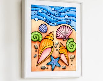 Seashell Art Print: Beach Decor Watercolor Painting (5x7)