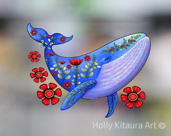 Blue Red Flower Whale Vinyl Decal Sticker Decals Waterproof Stickers Humpback Hawaii