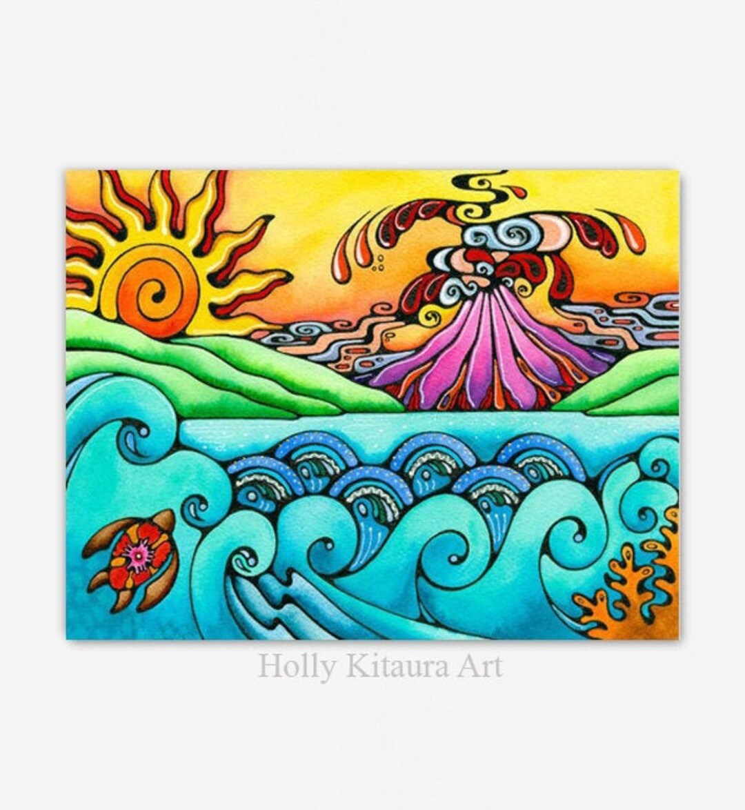 Volcano Sunrise Hawaiian Fine Art Giclée Print Waves Sea Beach Ocean