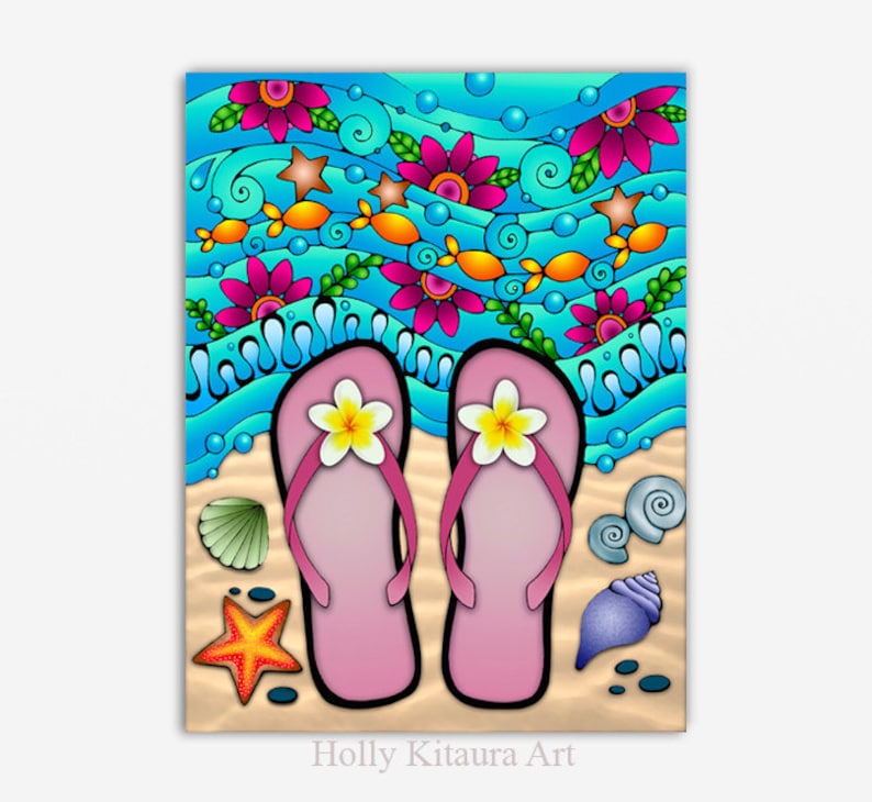 Pink Flip Flops Beach Art Plumeria Hawaii Hawaiian Sea Shore Aqua Blue Flowers Boho hippie 60's 70's Tropical Summer Print Painting image 1