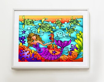 Mermaid Art Print: Colorful Tropical Ocean Scene (5x7)