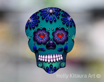 Green Blue Sugar Skull Decal - Dia de los Muertos  - Day of the Dead Vinyl Sticker