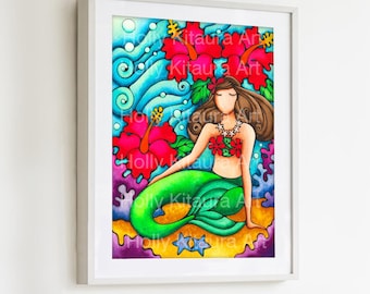 Hibiscus Mermaid Art Print: Hawaiian Watercolor Giclee