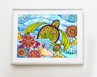 Sea Turtle Art Print: Hawaiian Honu, Floral Beach Painting (5x7)