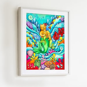 Mermaid Art - Mamma Gatto e Gattino Bambina Sirene - Madre Bambino Neonati Bambini Doccia Regalo Rosa Spiaggia Oceano Fiori Acquamarina Verde acqua ragazzo - ragazza