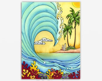 Tropical Ocean Beach Surf Surfing Wave Art Hawaii Hawaiian Artwork Painting Fine Art Giclée Print Hawaii Artist Holly Kitaura