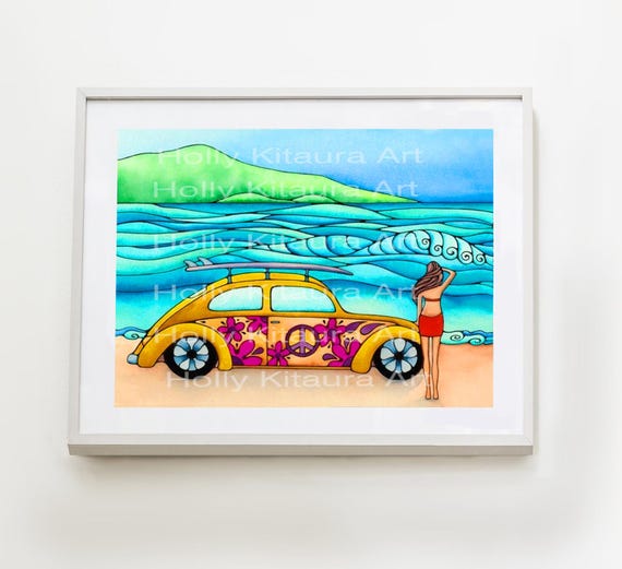 ハワイの浜辺サーフィンカー　1/10 10点限定 絵画　イラスト画　自作絵画 ハワイの夏海絵画イラスト画自作絵画