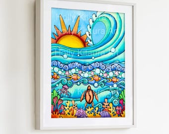 Honu Turtle Beach Art Print: Hawaii Ocean Watercolor Painting