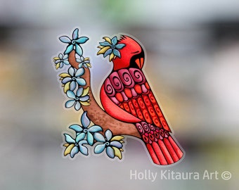 Red Cardinal Bird Vinyl Decal Sticker Decals Waterproof Car Stickers Colorful Tropical Birds Watercolor Art Made in Hawaii