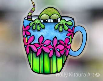 Coffee Cup Gecko Vinyl Decal Sticker Hawaii Decals Transparent Border Waterproof  Hawaii Lizard Stickers Colorful Green Flowers Art