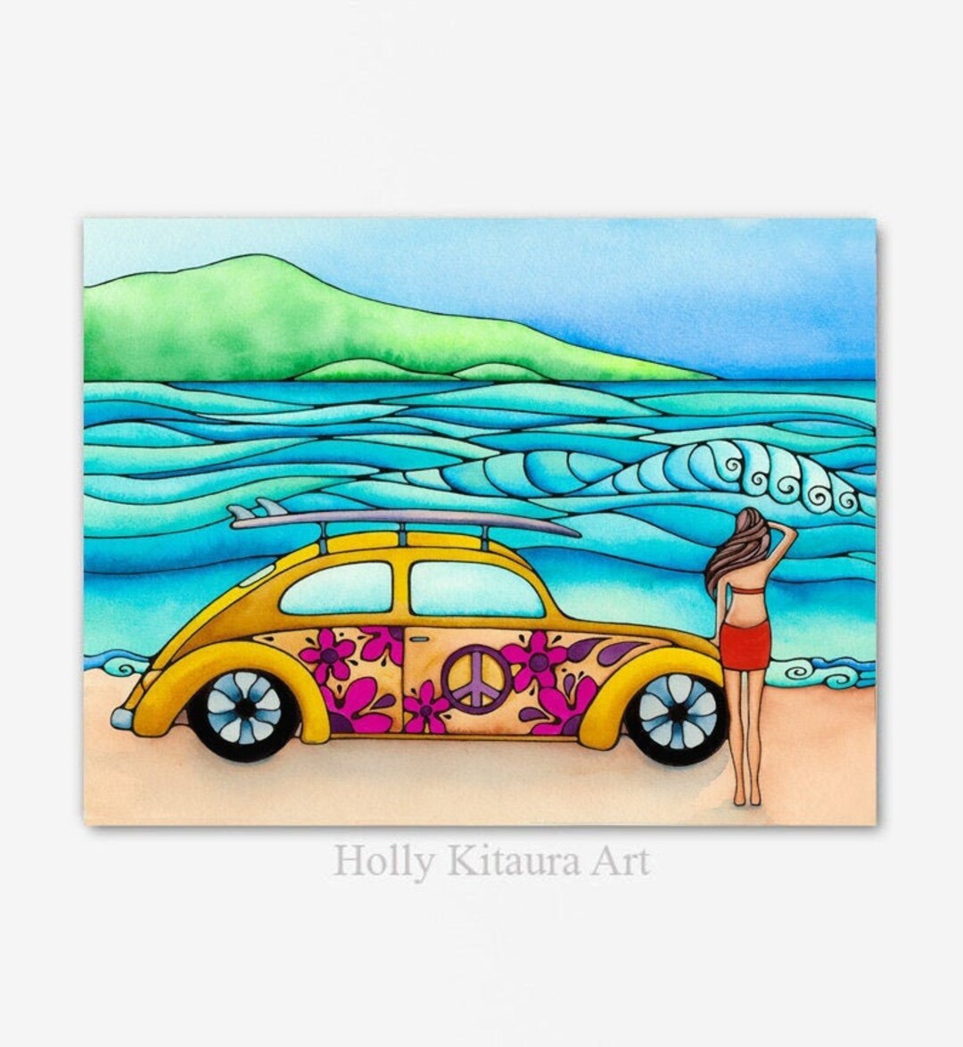 VW Surf Bug Volkswagen Girl Board Surfing Art Print Painting Hawaii