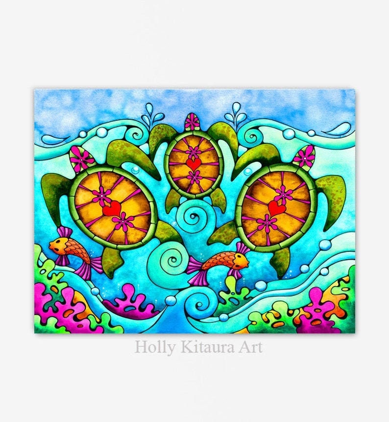 Sea Turtle Honu Beach Art Plumeria Hawaii Hawaiian Sea Shore Aqua Blue Turtles Ocean Boho Tropical Summer Print Painting image 1
