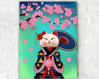 Lucky Cat Good Fortune Japan Japanese Neko Kimono Geisha Kawaii Art Giclée Print Maneki-Neko Beckoning Cats Cherry Blossom