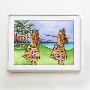 Hawaiian Hula Dancer Art Print: Tropical Palm Tree Ocean Artwork