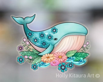 Teal Flower Whale Vinyl Decal Sticker Decals Waterproof Aqua Blue Sticker