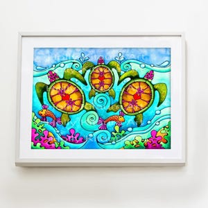 Sea Turtle Honu Beach Art - Plumeria Hawaii Hawaiian Sea Shore Aqua Blue Turtles Ocean Boho  Tropical Summer Hollyvision Print Painting