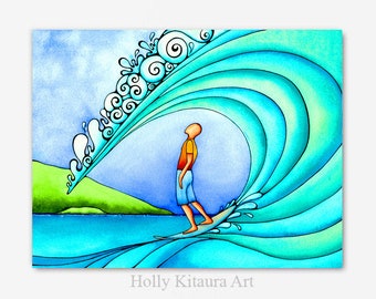 Surf Art - Big Wave Surfing- Beach Decor - Artwork - Hawaii Artist Holly Kitaura -  Ocean Sea Waves Tropical Boy Surfing - Surf - Surfboard