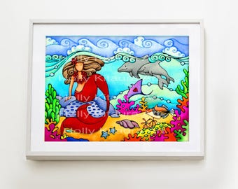 Mermaid Tail Art Print: Tropical Ocean Dolphin Watercolor Painting